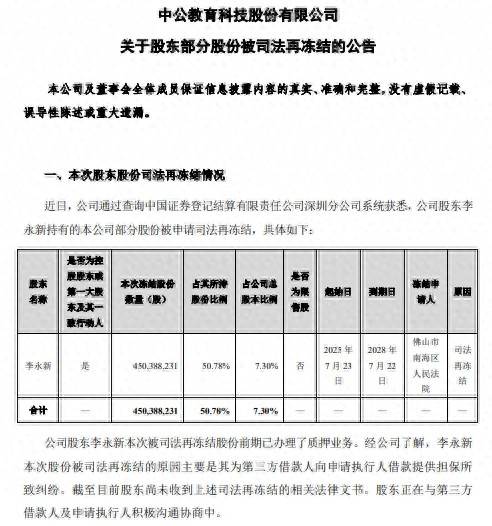 皇冠信用網如何注册
_中公教育：股东李永新所持4.50亿股被司法再冻结
